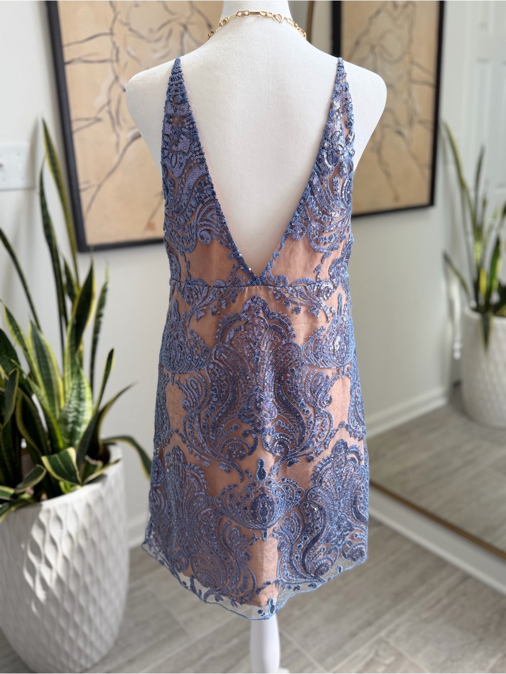 Free People Blue Sequin Lace Mesh Mini Slip Dress Nude Lined Women’s US 8 - Picture 4 of 12